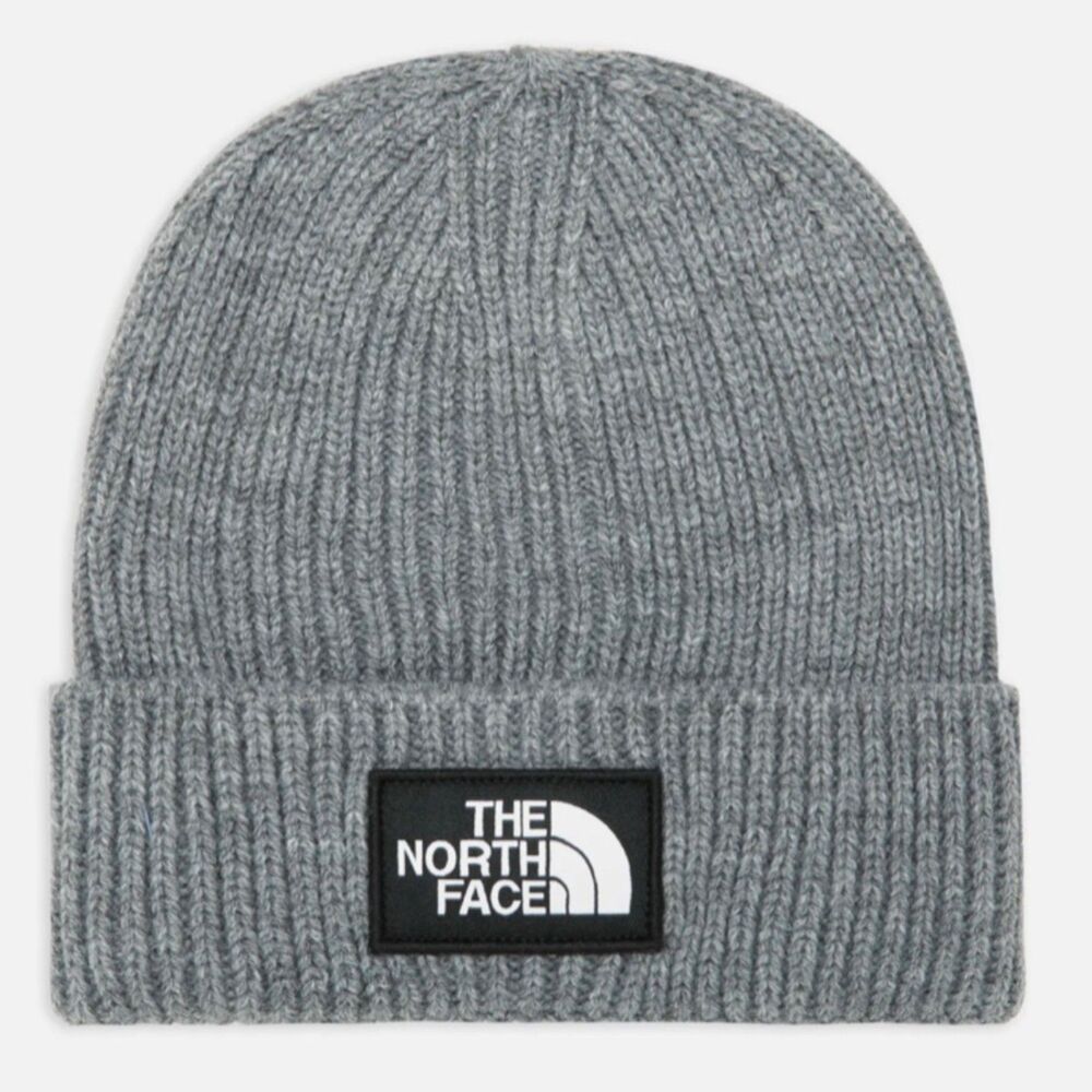 The North Face Box Logo Cuffed Beanie Gray Grey Knit Winter Hat Casual Capsule